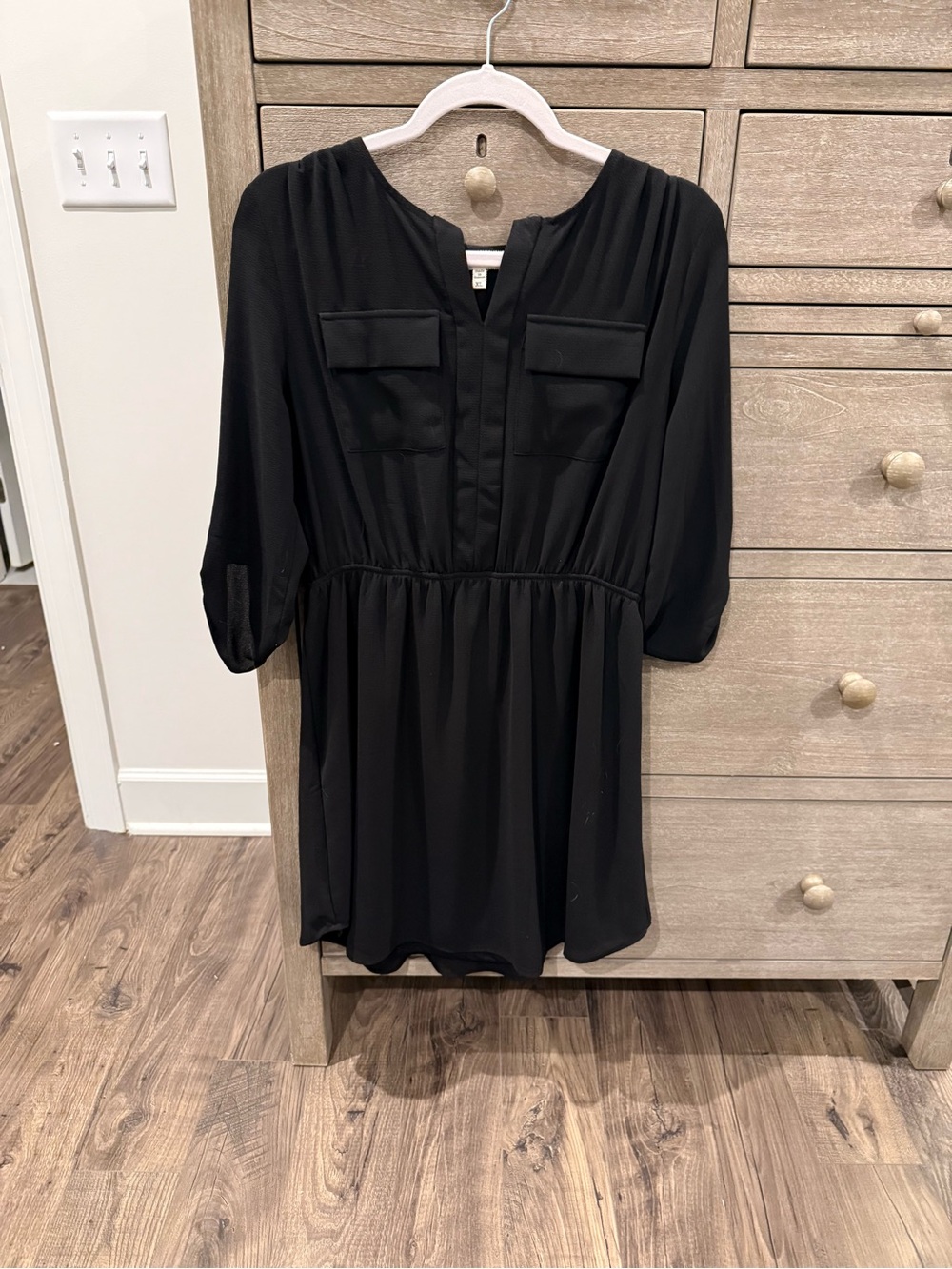 Monteau Black V-Neck Mini Dress with Pocket Flaps